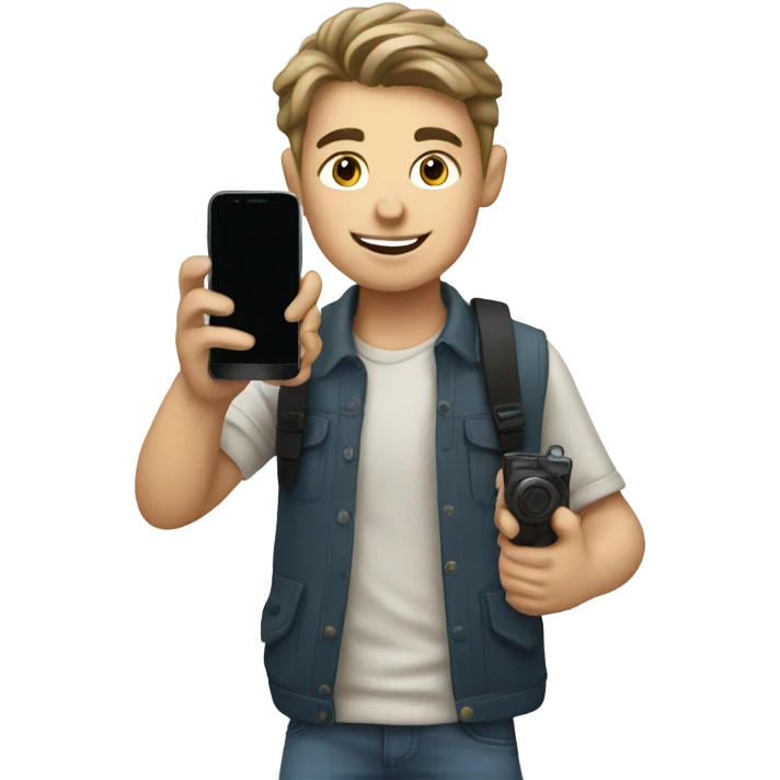 European boy takes pictures with his cell phone emoji