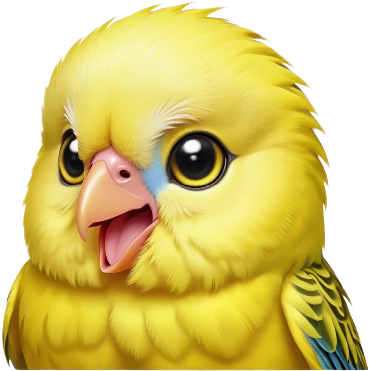 Cinematic Comical Yellow Budgie Portrait Emoji, Head tilted dramatically with an exaggeratedly amused expression, featuring a striking yellow feathered fur with a glossy finish, wide, expressive dark eyes filled with playful disbelief, Simplified yet hilariously expressive features, highly detailed, glowing with a slightly sassy glow, high shine, dramatic yet playful, stylized with an air of cheeky mischief, bright and endearing, soft glowing outline, capturing the essence of a spirited and over-the-top budgie, so meme-worthy it feels like it could side-eye its way into internet fame instantly! emoji