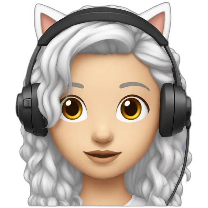 menina branca com cabelo preto usando headset com orelhas de gatinho emoji