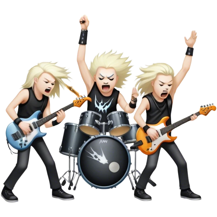 Icon for Heavy Metal Music: 4 men band on stage with electric guitars, drums and intense lighting. 4 Musicians headbanging, surrounded by energy and stage effects, capturing the power and intensity of a metal concert. Transparent background. emoji