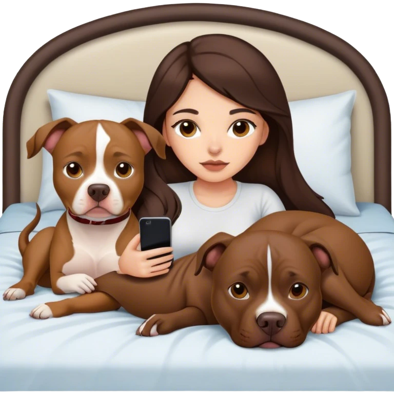 Girl long dark brown hair lays on her bed with her cell phone and her brown pit bull lays guarding her emoji