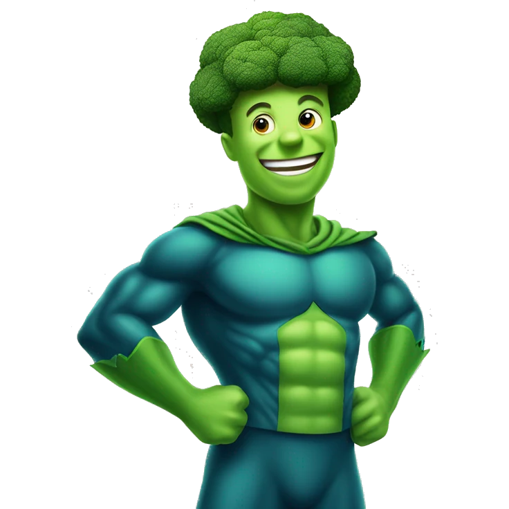 Happy Broccoli man in superhero suit emoji