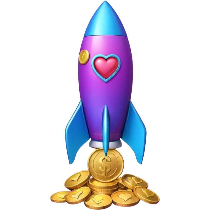 3D rocket with coins and hearts, purple blue gradient, glossy, transparent background emoji