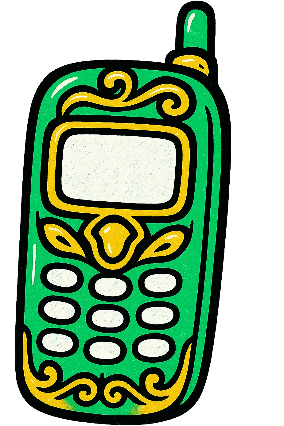 cell phone, classic look, green gold and white color scheme, elegant lines, decorative details emoji