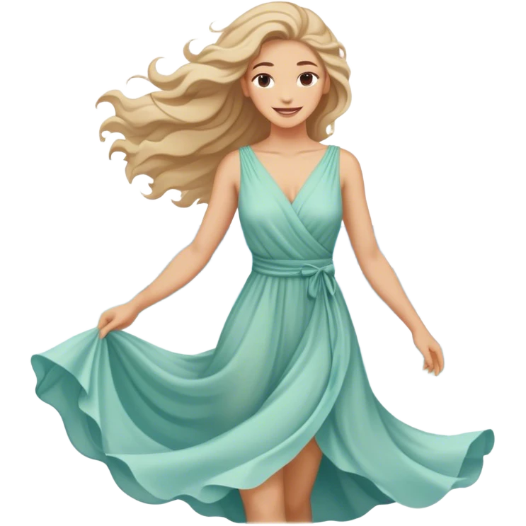 A woman in a flowing dress by the ocean, wind in her hair, a serene and confident smile. emoji
