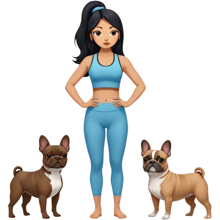latin woman in a yoga outfit with long black hair standing alongside two French bulldogs emoji
 emoji