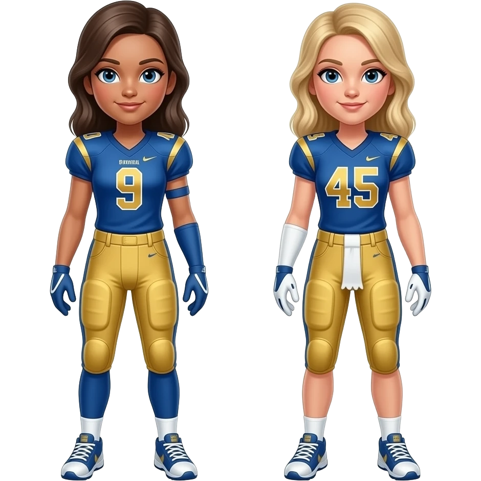 white Girls flag football players wearing Blue and gold with #9, #45 emoji