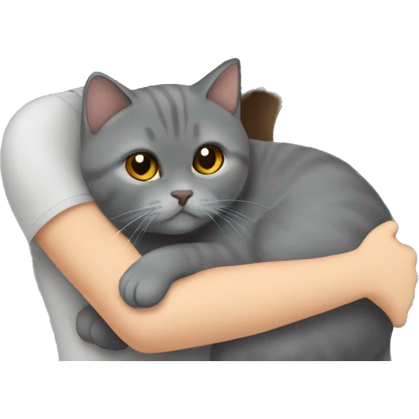 small British shorthair grey cat hugging long brown hair white woman emoji