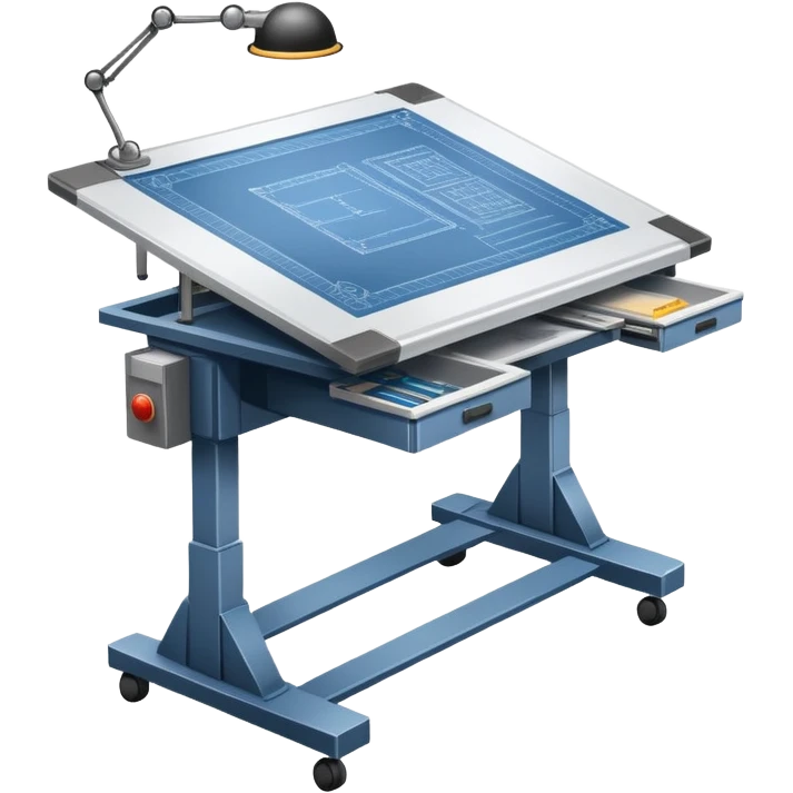 An icon featuring an engineering drafting table with a blueprint, a ready machine, and microchips, symbolizing engineering. The design includes gears, tools, and circuit boards, representing the design, creation, and innovation in technology. Transparent background highlights the science of building emoji