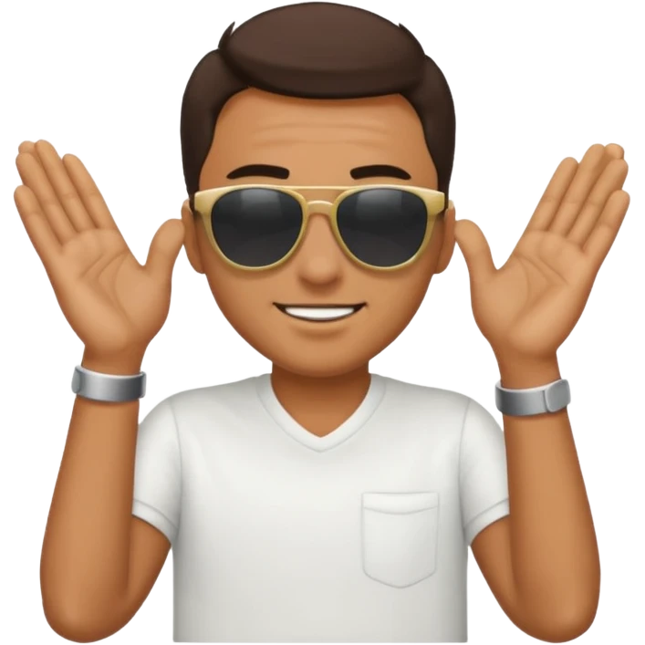 The guy with sunglasses on with two hands next to his face, shaking them emoji