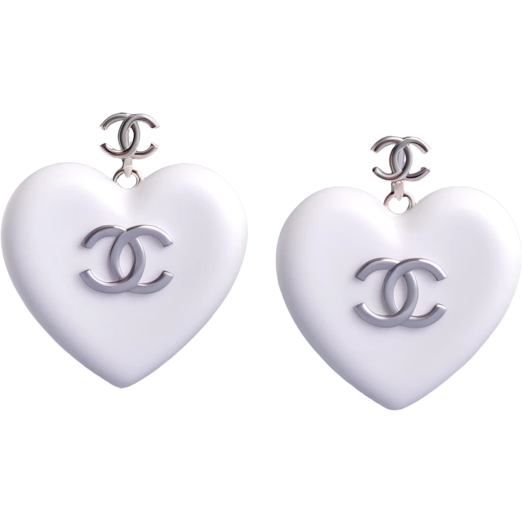 3D emoji-style heart-shaped earrings in white with a silver Chanel logo in the center, elegant emoji