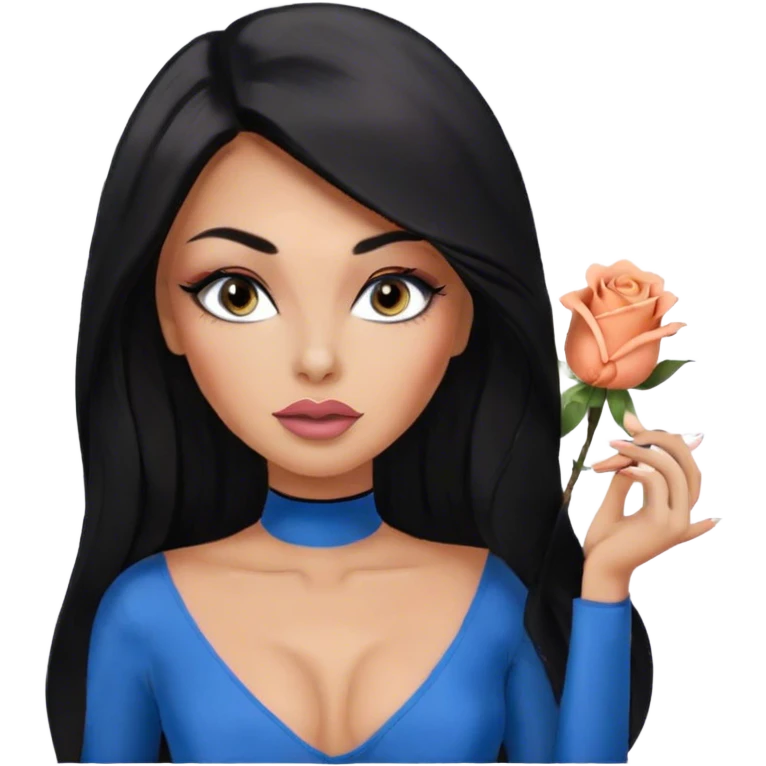 Glamours, tanned, very beautiful girl, with big pump peach-beige-rose lips, eyeliner, long long lashes, black straight smooth silky long hair, straight parting hair, blue-grey eyes, black bodysuit long-sleeves emoji