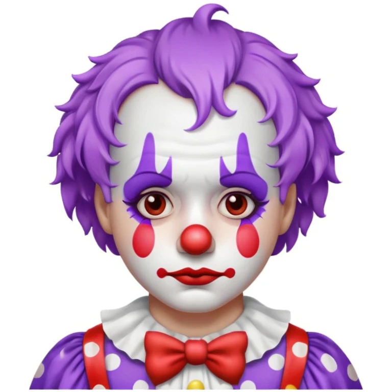 ID photo of a sad clown emoji, white face paint, red nose, classic makeup, multiple tears, short curly pastel purple hair, polka-dotted costume in soft tones, glossy highlights, centered, white background emoji