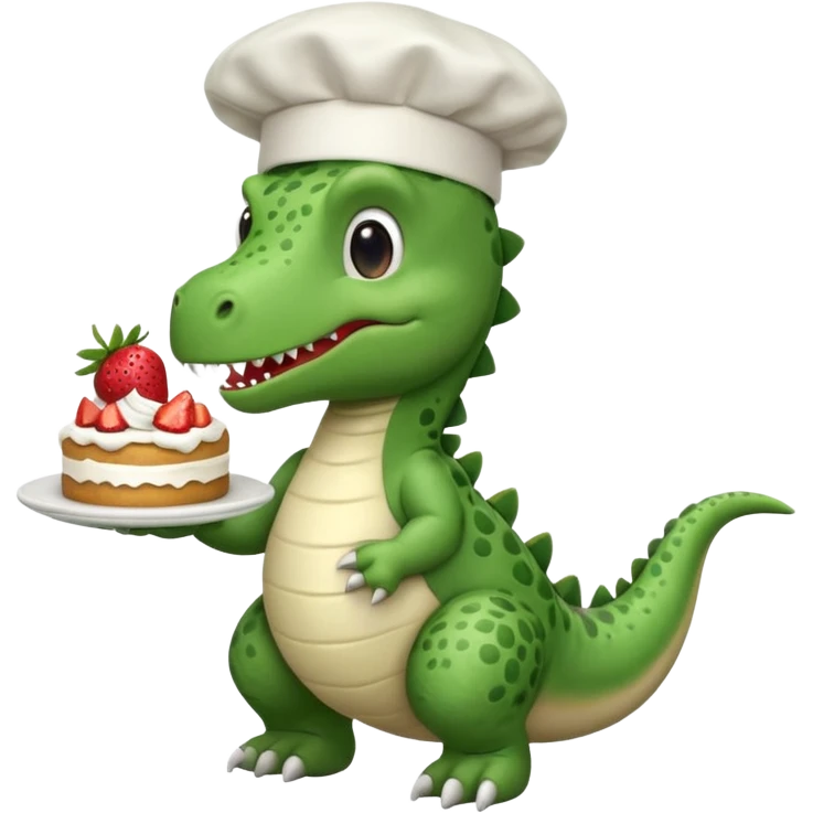 quiero un dinosaurio divertido para niños con delantal y gorro de chef y en la mano una tarta emoji