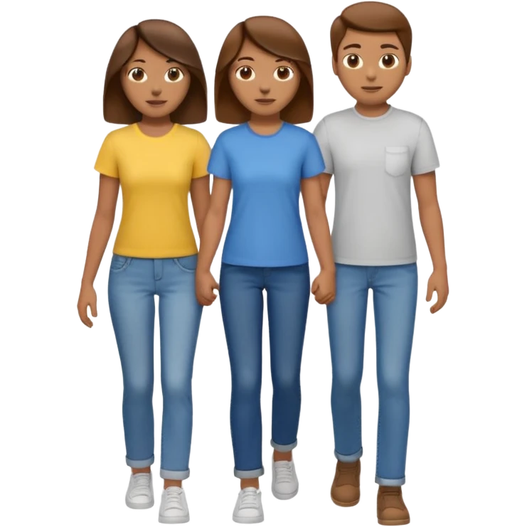 based on emoji style, two people walking together. one is brown-haired woman, wearing a shirt,  Another one is a non-binary person, wearing t shirt and jeans, and the second person doesn't have anything on their hands. They are not holding hands emoji