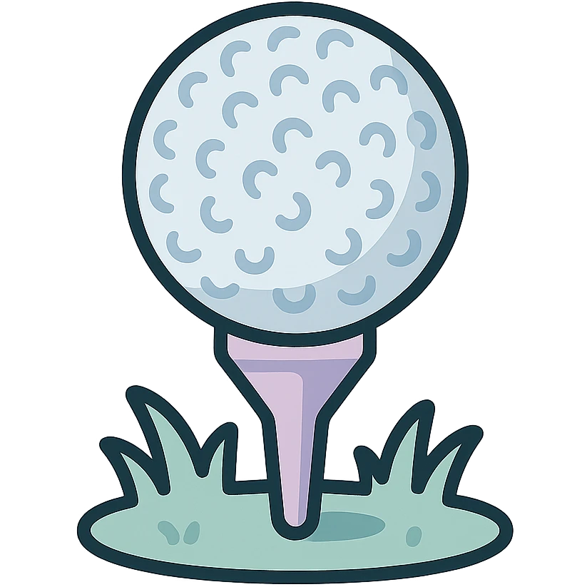 golf ball on a tee stand with soft grass detail, icon-color-outlined style, detailed shading, thin clean outlines, soft rounded features, pastel palette #98B5BC #B5B3C1 #C9A3C9 #E4C0CA #F7DCD1 #F7C0AA, Japanese pop art, sticker look, highly detailed, vector clarity, soft lighting, subtle shadows, transparent background emoji