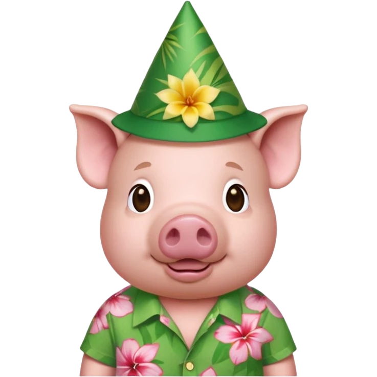 Pig with green aloha shirt, birthday hat emoji