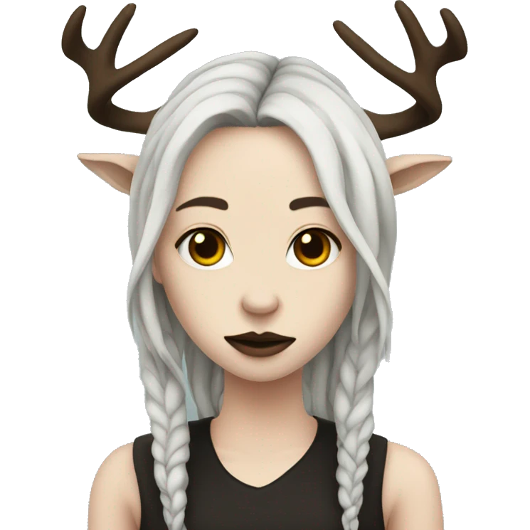 Portrait. Goth, deer girl. She has deer ears and antlers. Long brown dreadlocks. White skin emoji