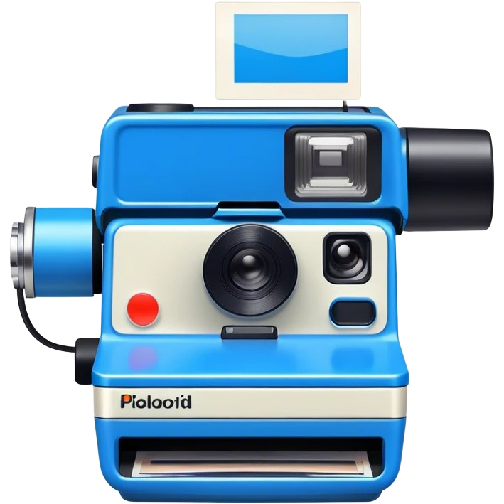 blue polaroid camera with photo dispensing emoji
