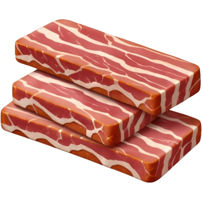 raw bacon lardons, small pile, thick short strips, rectangular chunks, pinkish-red meat, white fat, clean moist surface, natural marbling, irregular cuts, no pan, no herbs, no background, no faces, clean 3D, soft shadows, transparent background, emoji scale emoji