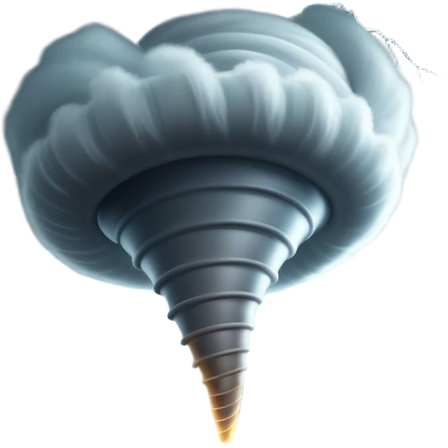 Cinematic Realistic Tornado Emoji, Spiraling fiercely, with dark swirling clouds that twist and stretch downward in a funnel shape. The winds whip up debris as the tornado roars across the landscape, leaving a trail of awe and fear. Soft glowing outline, capturing the essence of wild force and unpredictable power in a mighty tornado! emoji