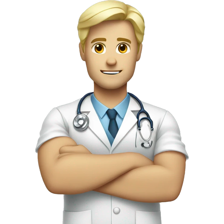 Blond male doctor showing strong biceps emoji