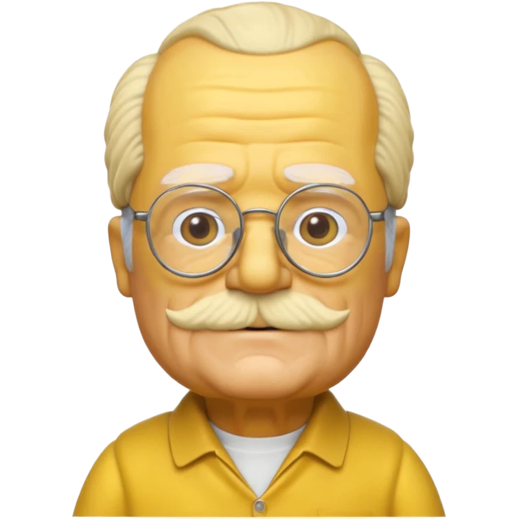 A 3D cartoon close-up of Grandpa Abe Simpson from The Simpsons, rendered in Memoji-style with bald yellow head, white tufts of hair on the sides, wrinkled face, glasses, and warm lighting. Match the Simpsons family color tone and style, yellow dress. emoji