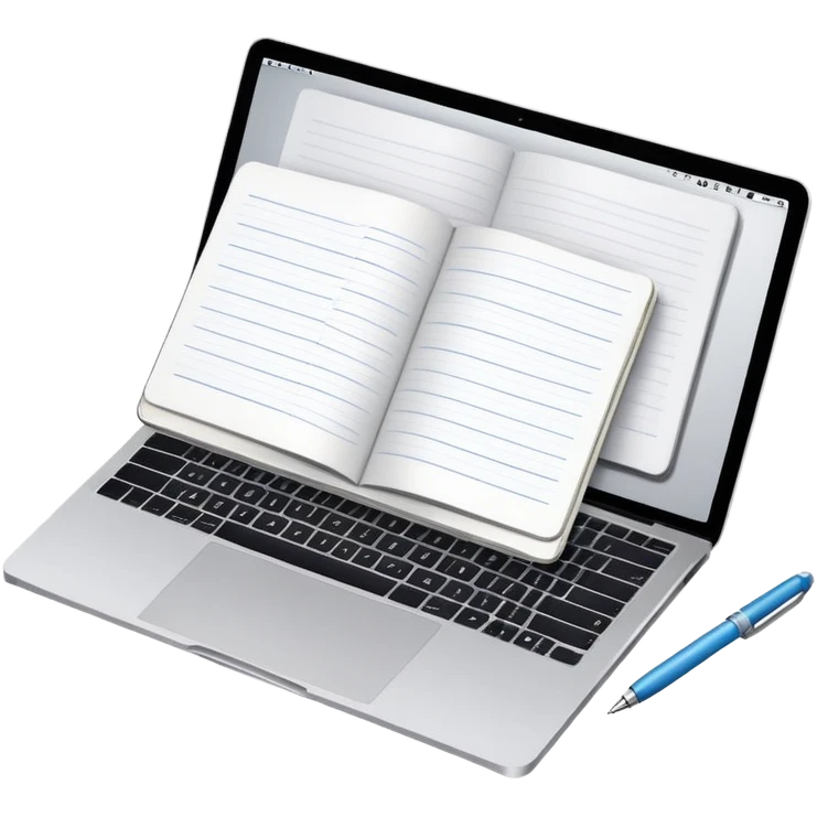 top view of a MacBook, open notebook with notes, and pen beside them emoji