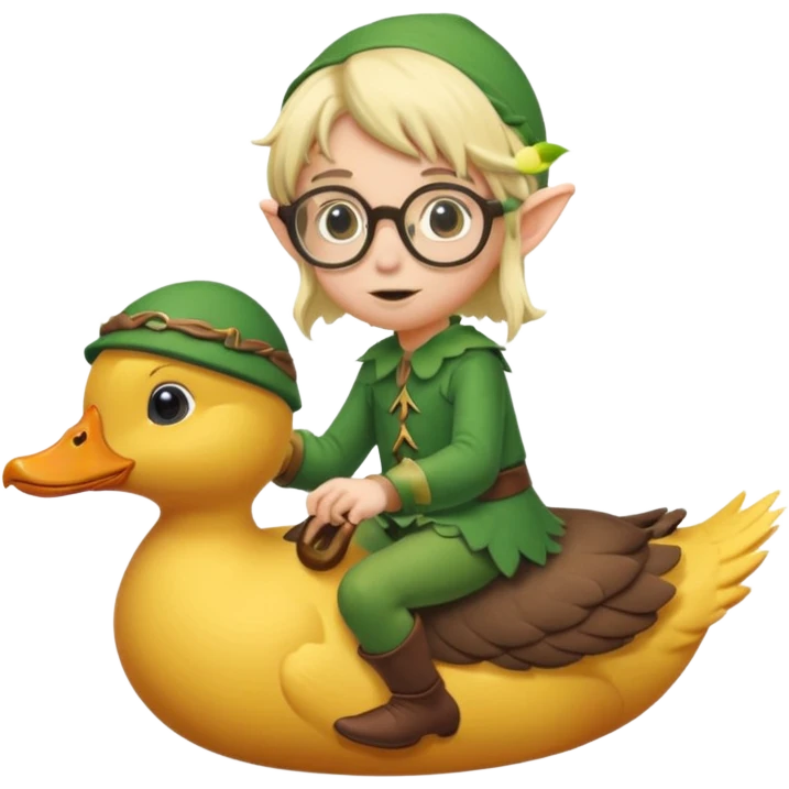 tiny forest elf blode hair with round glasses riding a wild duck emoji