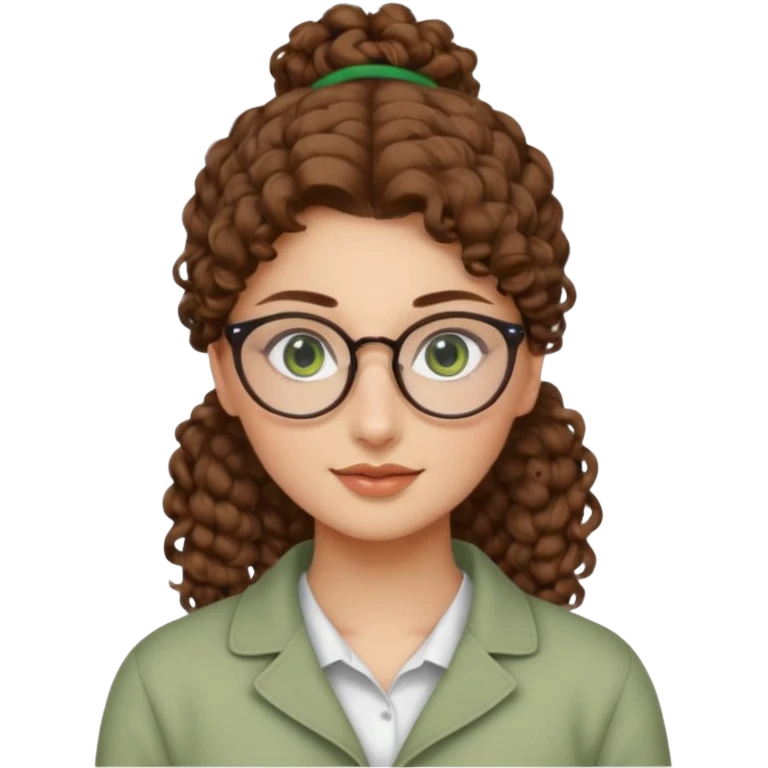 iranian woman, tight curly light brown hair in one high pony tail, glasses, green eyes, pretty, oval shape face, no hajib emoji
