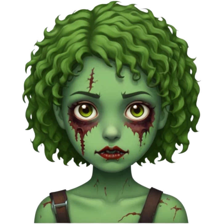 Garota, cabelos cacheados curtos na medida dos ombros, pele verde, olhos castanhos escuros, machucados pelo corpo, remetendo a um zumbi emoji