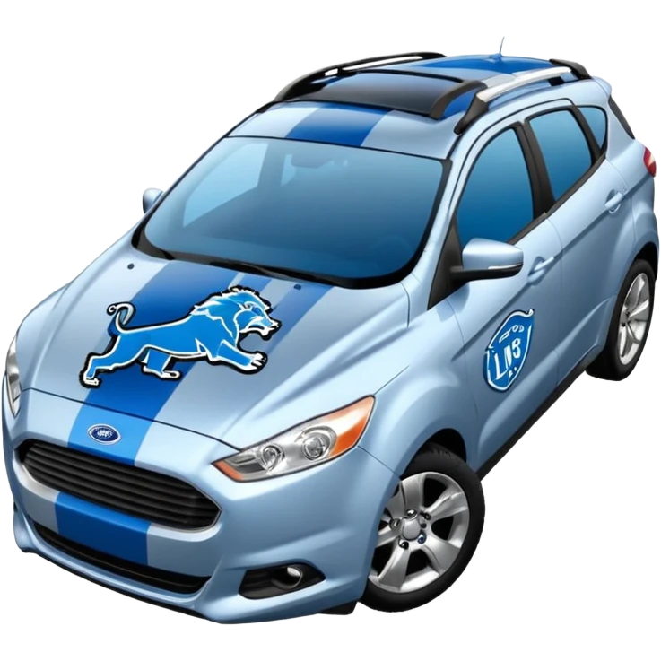 Compact Ford car emoji with Detroit Lions theme, blue and silver stripes, lion paw prints, football on the roof emoji