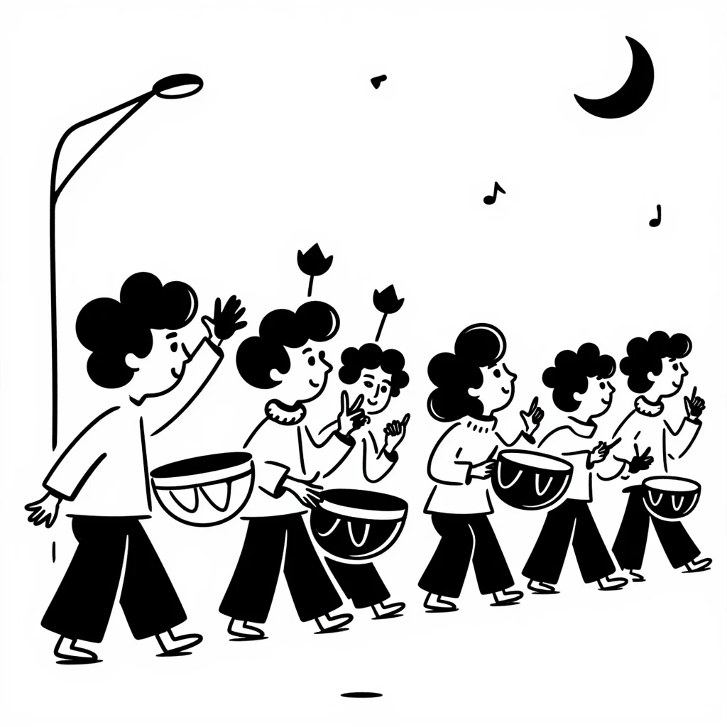 group waking up the neighborhood for sahur with drums, crescent moon in background emoji