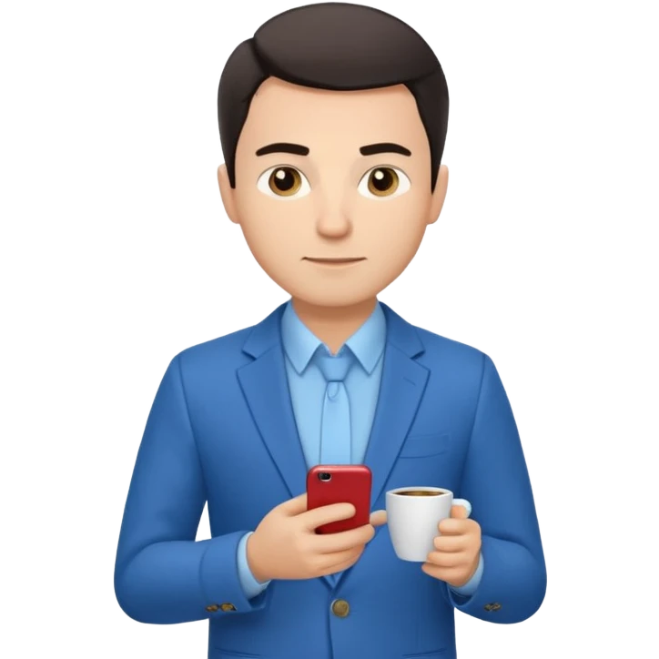 Confident male entrepreneur, Caucasian features, short dark hair, defined eyebrows, slight smile, wearing blue blazer over light blue shirt, holding a smartphone in one hand and a coffee cup in the other, waist-up, front-facing emoji