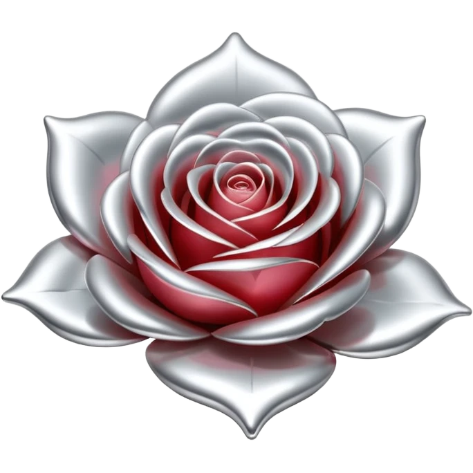 A rose emoji made of liquid silver metal, smooth metallic petals, reflective chrome surface, soft gradients, elegant shape, minimalistic iOS emoji style, centered, clean white background, realistic highlights, no text emoji
