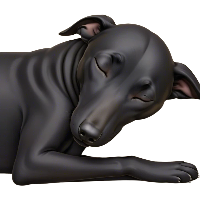 Meme-Worthy Cute Sleeping Black Greyhound Portrait Emoji, Head resting peacefully with a contented smile, showcasing a delightfully slender build and a luxuriously smooth black Fur, eyes shut in a serene nap, Simplified yet hilariously adorable features, highly detailed, glowing with a soft, drowsy light, high shine, relaxed and utterly lovable, stylized with an air of playful laziness, bright and heartwarming, soft glowing outline, capturing the essence of a comically sleepy racer, so meme-worthy it feels like it could instantly become the next viral sensation of adorable slumber! emoji