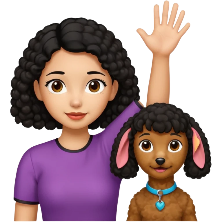 Ponytail black hair girl with brown Poodle say goodbye  emoji