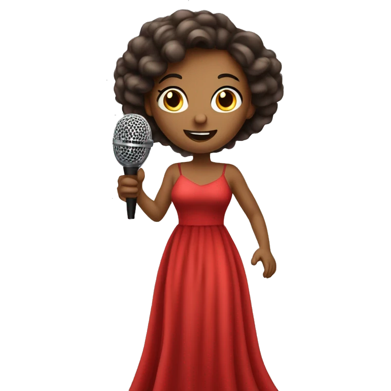 beautiful light girl in a long red dress sings holding microphone in a hand  emoji