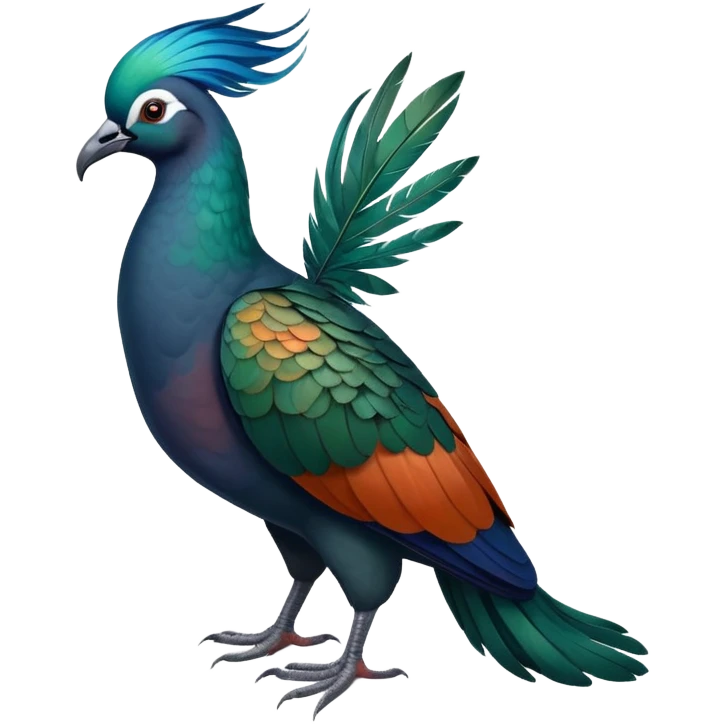 Nicobar pigeon with iridescent blue-green feathers, long neck feathers, bright orange beak, and white tail emoji