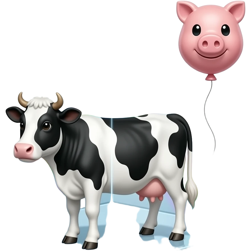 a black and white cow stands inside a glass pyramid floating in space and shining with rainbow colors, outside the pyramid floats a balloon in the shape of a pig connected to the cow emoji