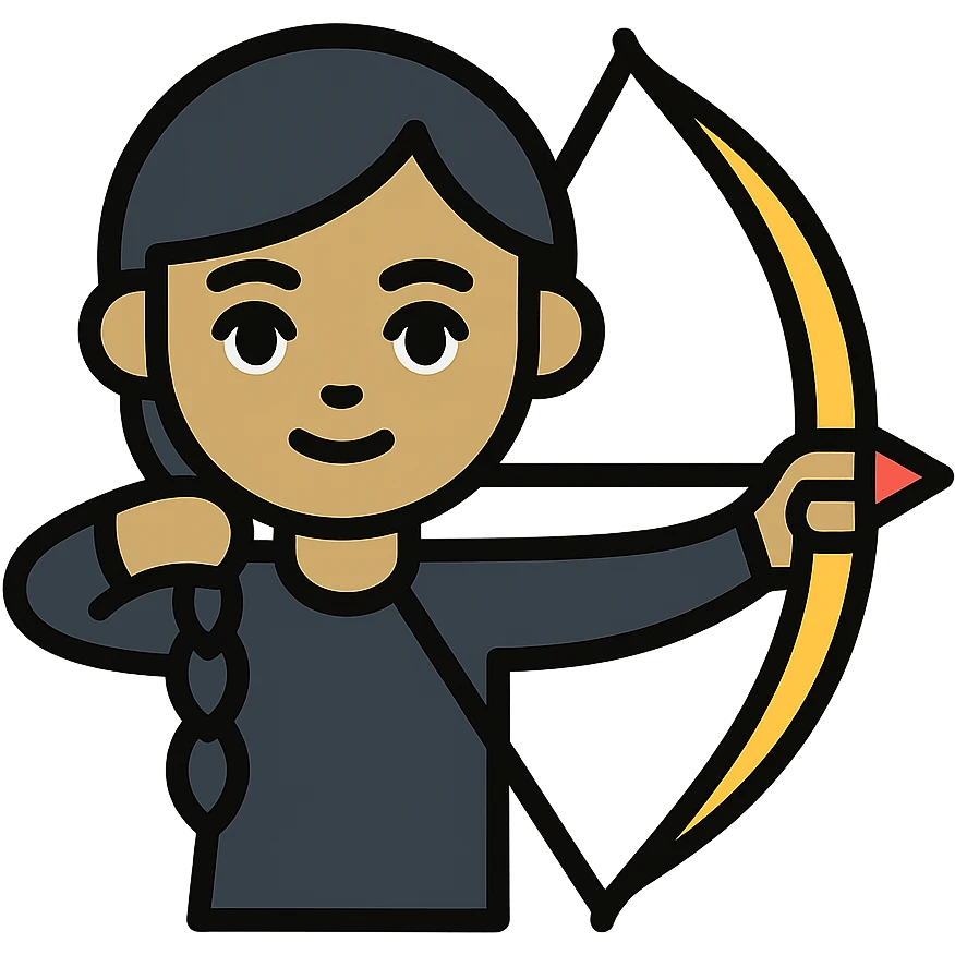 girl with olive skin, gray eyes, black hair in a side braid, wearing a black outfit, holding a bow and arrow emoji