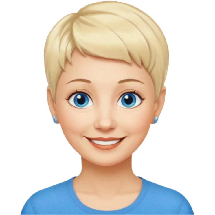 Mujer  60 años pelo rubio y pixie ojos azules cara redonda emoji