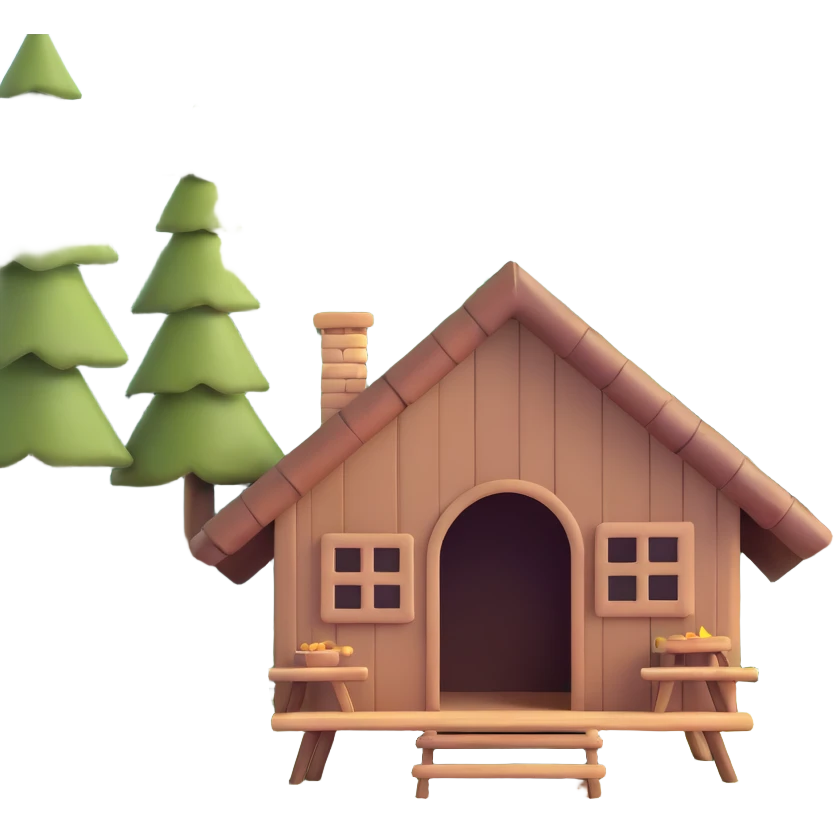 small rustic hut in deep forest surrounded by tall trees emoji