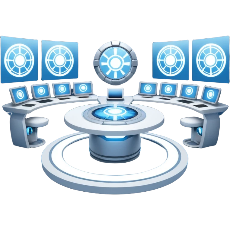 A futuristic workspace powered by an arc reactor, glowing blue and white, with holographic screens displaying creative content. Dynamic, high-tech, and inspired by Iron Man. emoji