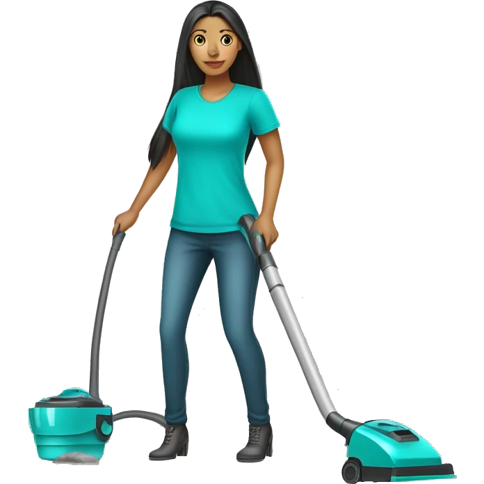 woman cleaner with light skin and long dark straight hair in turquoise color t-shirt. She working with vacuum cleaner emoji