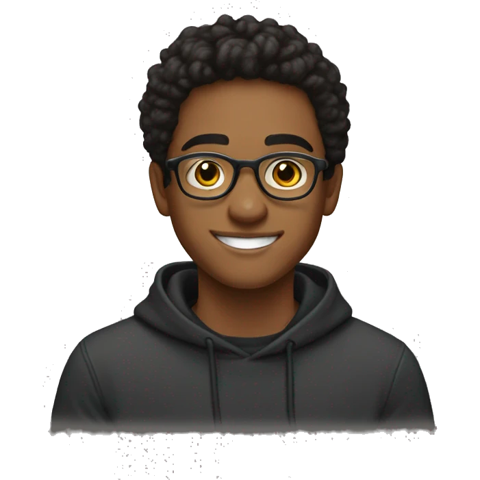 Entrepreneurial 20-year-old boy with black sweatshirt, circular glasses, smiling and straight hair emoji