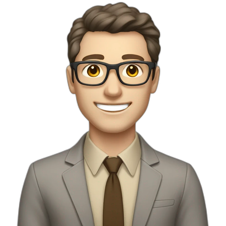 Joyful Pale skinned Fit Man With dark brown hair in gray jacket, beige office shirt, Brown pants and vintage glasses. His thrumbs up emoji