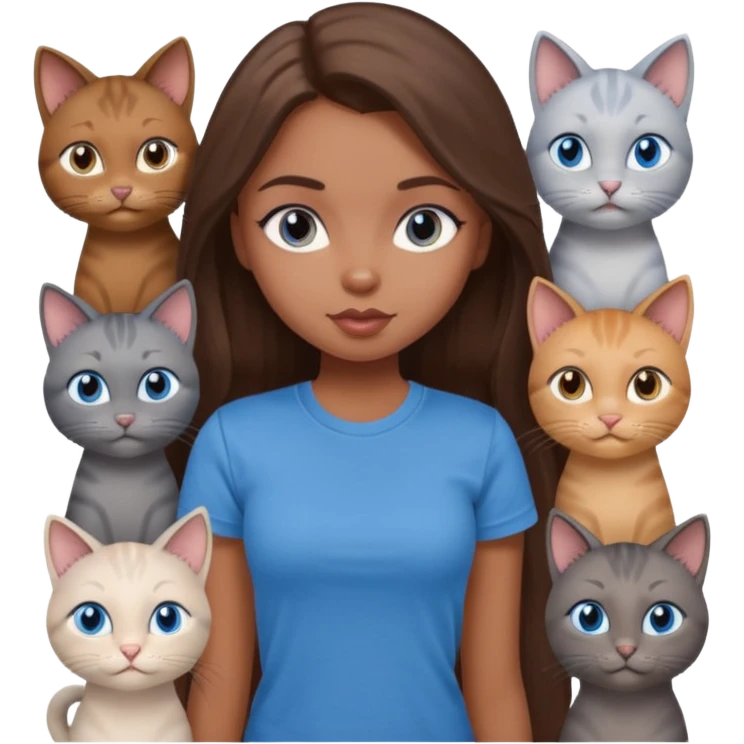 a pretty bratz dusky girl with long brown hair, blue eyes with six cats nd wearing a grey tshirt emoji