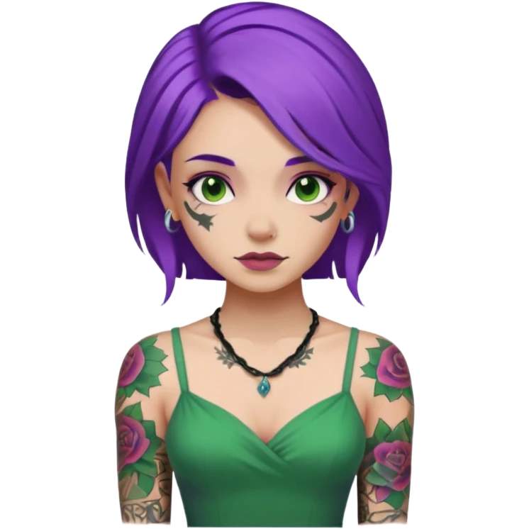 women with tatoos and hightlight that tatoos with purple hair and green dress emoji