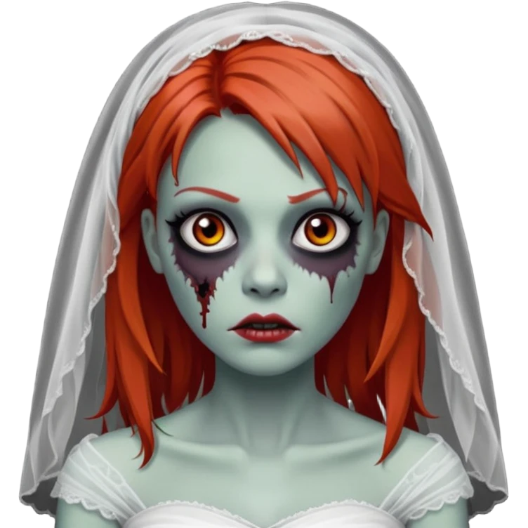 девушка зомби невеста с фатой, с рыжими прямыми волосами по плечи, с черными макияжем глаз, тонкими бровями, в стиле Apple avatar emoji